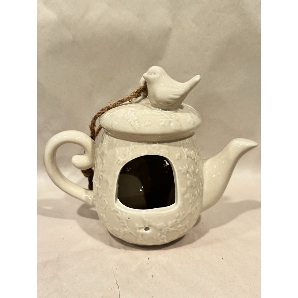 Vintage Hanging Ceramic Pottery Tea Pot Birdhouse White Cream Color 7.5" x 9"